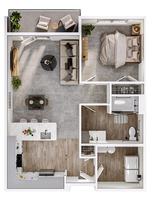 A top-down view of a modern apartment layout with a kitchen, living room, and bedroom.